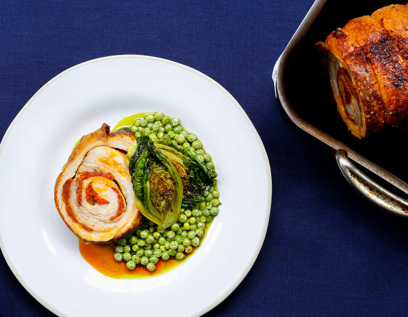Nduja Stuffed Pork Belly with Braised Gem and Peas