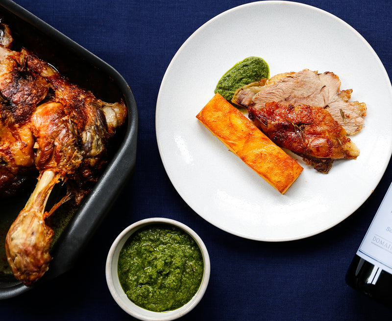 Slow Roast Shoulder of Lamb, Potato Terrine and Salsa Verde