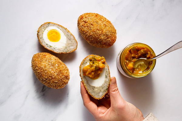 Scotch eggs with piccalilli